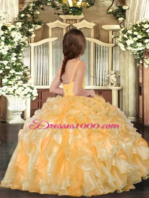 Latest Gold Organza Lace Up Straps Sleeveless Floor Length Party Dress for Toddlers Ruffles