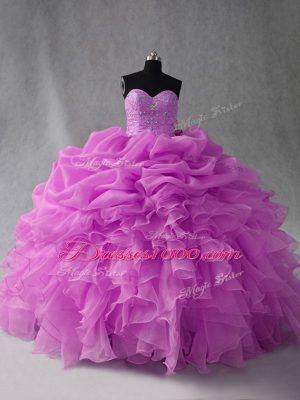 Lilac Lace Up Ball Gown Prom Dress Beading and Ruffles and Pick Ups Sleeveless Floor Length