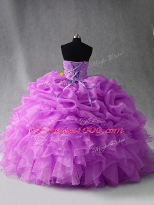 Lilac Lace Up Ball Gown Prom Dress Beading and Ruffles and Pick Ups Sleeveless Floor Length