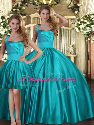 Elegant Teal Satin Lace Up Halter Top Sleeveless Floor Length Sweet 16 Dresses Ruching