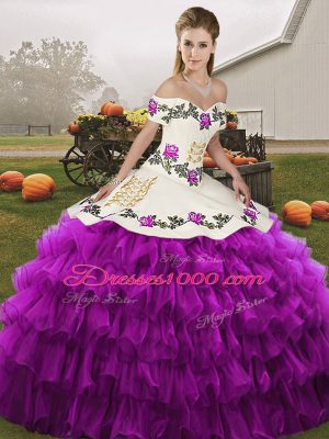 Wonderful White And Purple Off The Shoulder Neckline Embroidery and Ruffled Layers Quinceanera Dresses Sleeveless Lace Up