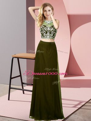 Noble Olive Green Two Pieces Scoop Sleeveless Chiffon Floor Length Backless Beading