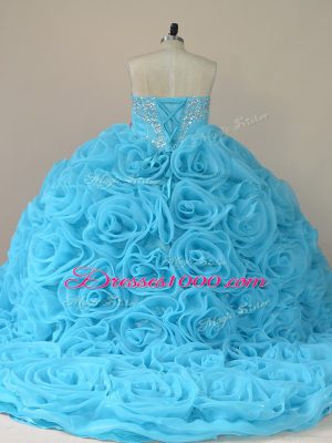 Beading Quinceanera Gown Baby Blue Side Zipper Sleeveless Brush Train