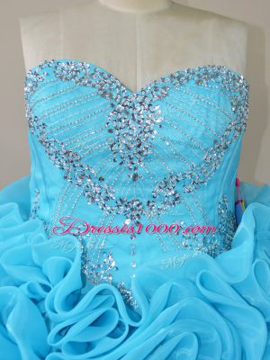 Beading Quinceanera Gown Baby Blue Side Zipper Sleeveless Brush Train