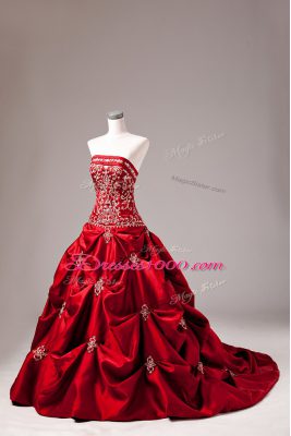 Luxury Ball Gowns Sleeveless Wine Red Wedding Gown Brush Train Lace Up