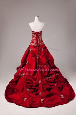 Luxury Ball Gowns Sleeveless Wine Red Wedding Gown Brush Train Lace Up