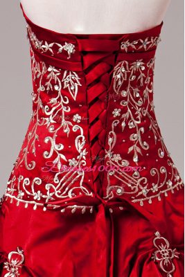 Luxury Ball Gowns Sleeveless Wine Red Wedding Gown Brush Train Lace Up