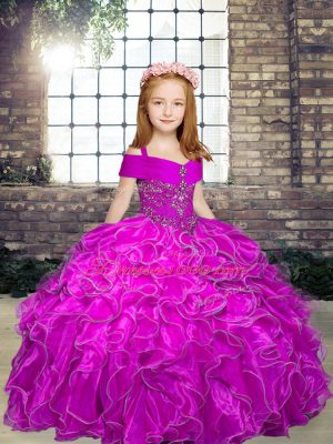 Affordable Straps Sleeveless Lace Up Pageant Dress for Womens Fuchsia Organza