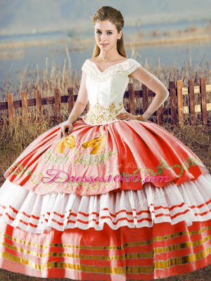 Traditional V-neck Sleeveless Satin Quinceanera Dress Embroidery and Ruffled Layers Lace Up
