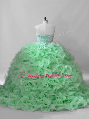 Hot Sale Fabric With Rolling Flowers Lace Up Sweetheart Sleeveless Quinceanera Gown Brush Train Beading