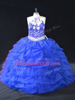 Fine Blue Ball Gowns Beading and Appliques Sweet 16 Quinceanera Dress Backless Organza Sleeveless Floor Length