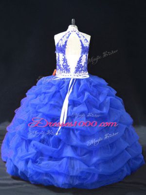 Fine Blue Ball Gowns Beading and Appliques Sweet 16 Quinceanera Dress Backless Organza Sleeveless Floor Length