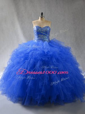 Most Popular Royal Blue Sleeveless Tulle Lace Up Ball Gown Prom Dress for Sweet 16 and Quinceanera