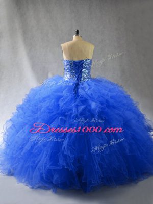 Most Popular Royal Blue Sleeveless Tulle Lace Up Ball Gown Prom Dress for Sweet 16 and Quinceanera