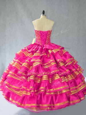 Luxury Hot Pink Sweetheart Lace Up Embroidery and Ruffled Layers Ball Gown Prom Dress Sleeveless