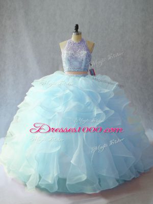 Shining Backless Quinceanera Gown Light Blue for Sweet 16 and Quinceanera with Beading and Ruffles Brush Train
