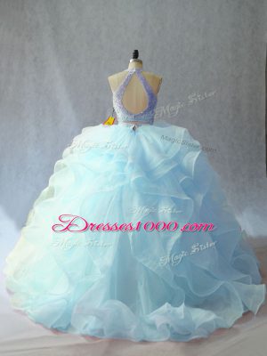 Shining Backless Quinceanera Gown Light Blue for Sweet 16 and Quinceanera with Beading and Ruffles Brush Train