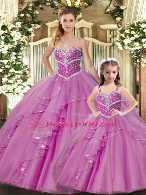 Smart Sleeveless Floor Length Beading Lace Up Quinceanera Dress with Lilac