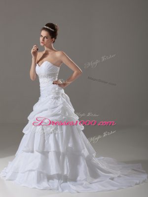 Sleeveless Brush Train Lace Up Beading and Pick Ups and Hand Made Flower Bridal Gown