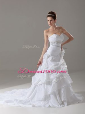 Sleeveless Brush Train Lace Up Beading and Pick Ups and Hand Made Flower Bridal Gown