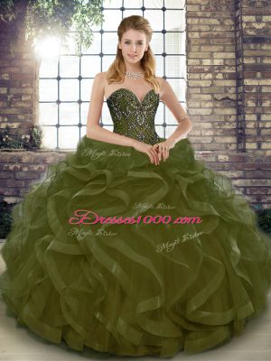 New Style Olive Green Tulle Lace Up Sweetheart Sleeveless Floor Length Ball Gown Prom Dress Beading and Ruffles