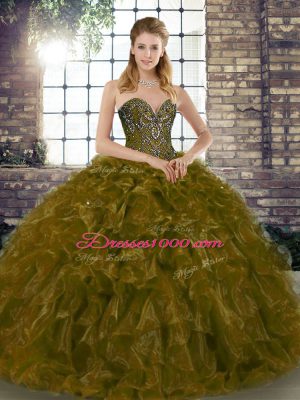 Colorful Brown Ball Gowns Beading and Ruffles Ball Gown Prom Dress Lace Up Organza Sleeveless Floor Length