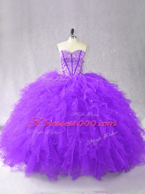 High Class Purple Ball Gowns Beading and Ruffles Sweet 16 Dress Lace Up Tulle Sleeveless Floor Length