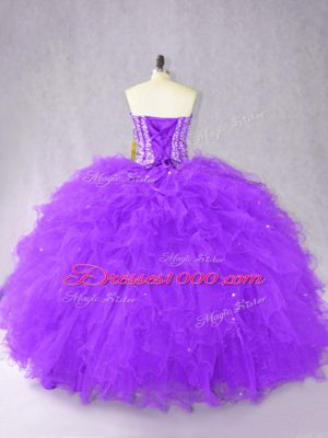 High Class Purple Ball Gowns Beading and Ruffles Sweet 16 Dress Lace Up Tulle Sleeveless Floor Length