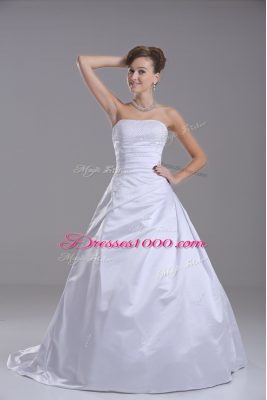 New Style White Taffeta Lace Up Strapless Sleeveless Wedding Gown Brush Train Beading