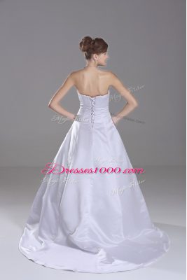 New Style White Taffeta Lace Up Strapless Sleeveless Wedding Gown Brush Train Beading