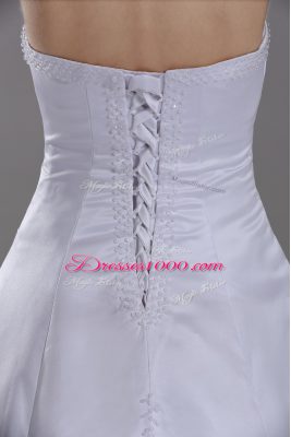 New Style White Taffeta Lace Up Strapless Sleeveless Wedding Gown Brush Train Beading