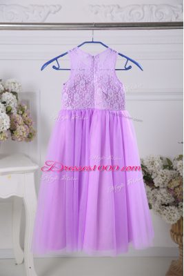 Scoop Sleeveless Flower Girl Dress Tea Length Lace Lavender Tulle