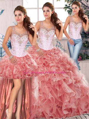Smart Watermelon Red Scoop Neckline Beading and Ruffles Quinceanera Dresses Sleeveless Clasp Handle