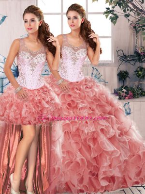 Smart Watermelon Red Scoop Neckline Beading and Ruffles Quinceanera Dresses Sleeveless Clasp Handle