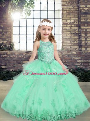 Apple Green Tulle Lace Up Kids Formal Wear Sleeveless Floor Length Lace and Appliques