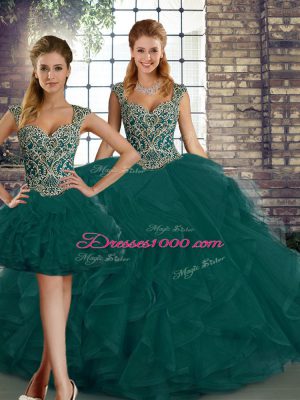 Trendy Peacock Green Straps Neckline Beading and Ruffles Quinceanera Gown Sleeveless Lace Up