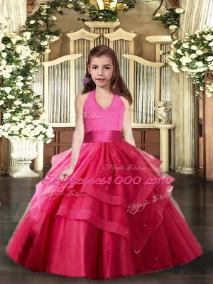Low Price Hot Pink Girls Pageant Dresses Party and Sweet 16 and Wedding Party with Ruffled Layers Halter Top Sleeveless Lace Up