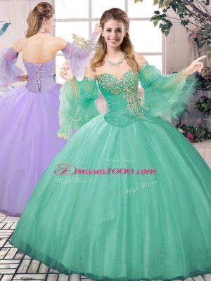 Captivating Floor Length Green Quince Ball Gowns Sweetheart Long Sleeves Lace Up