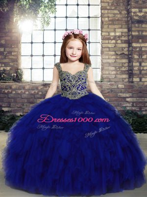 Royal Blue Lace Up Straps Beading and Ruffles Little Girls Pageant Dress Wholesale Tulle Sleeveless