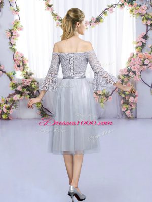 Trendy Grey Off The Shoulder Lace Up Lace and Belt Wedding Party Dress 3 4 Length Sleeve