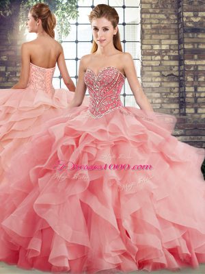 Inexpensive Watermelon Red Sweet 16 Quinceanera Dress Tulle Brush Train Sleeveless Beading and Ruffles