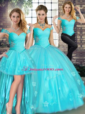 Trendy Aqua Blue Three Pieces Beading and Appliques Quince Ball Gowns Lace Up Tulle Sleeveless Floor Length