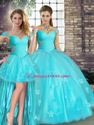 Trendy Aqua Blue Three Pieces Beading and Appliques Quince Ball Gowns Lace Up Tulle Sleeveless Floor Length