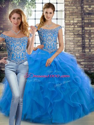 Blue Two Pieces Tulle Off The Shoulder Sleeveless Beading and Ruffles Lace Up Quinceanera Dresses Brush Train