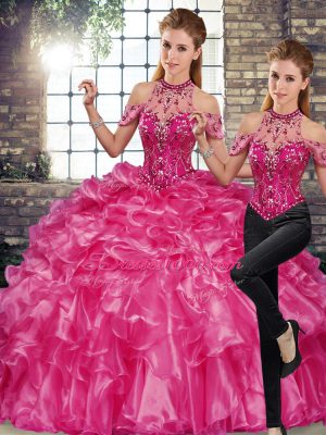 New Arrival Halter Top Sleeveless Quinceanera Gown Floor Length Beading and Ruffles Fuchsia Organza