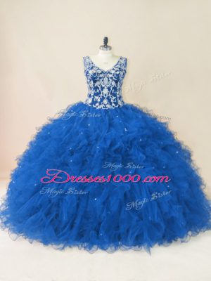 High Class V-neck Sleeveless Quince Ball Gowns Beading and Ruffles Blue Tulle