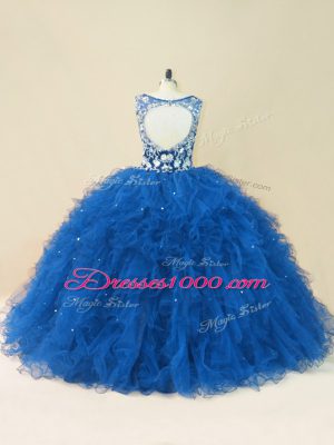 High Class V-neck Sleeveless Quince Ball Gowns Beading and Ruffles Blue Tulle