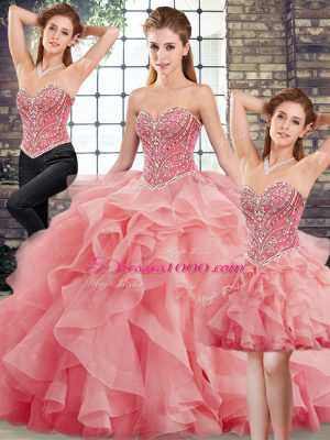 Watermelon Red Tulle Lace Up Ball Gown Prom Dress Sleeveless Brush Train Beading and Ruffles