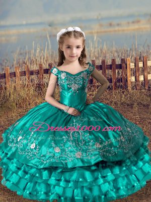 Floor Length Lace Up Kids Formal Wear Turquoise for Wedding Party with Embroidery and Ruffled Layers