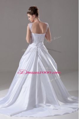 Superior Lace Up Wedding Dresses White for Wedding Party with Beading and Appliques Brush Train